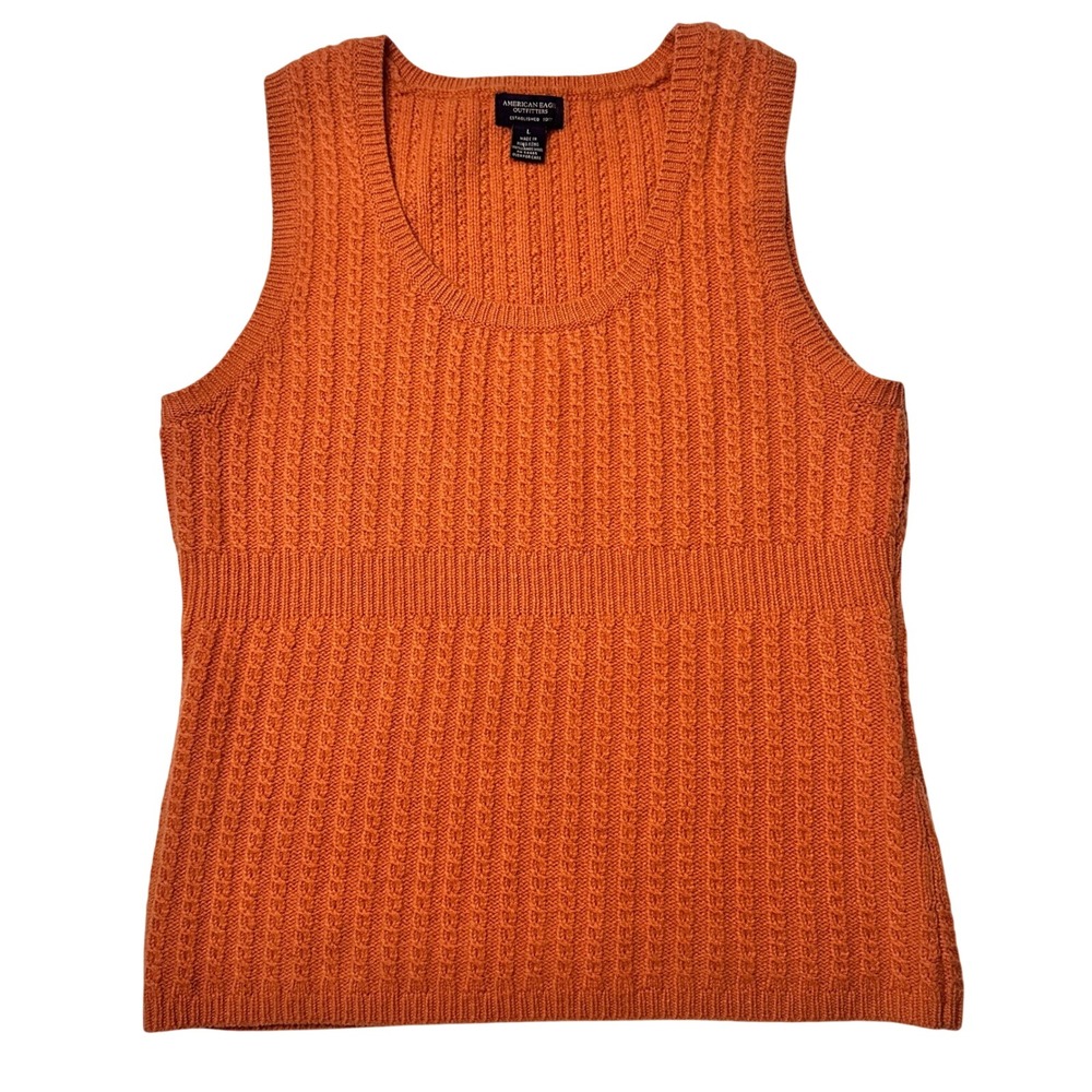 American Eagle Sweater Vest Cable Knit Orange Lambs Wool Womens Large READ ME
